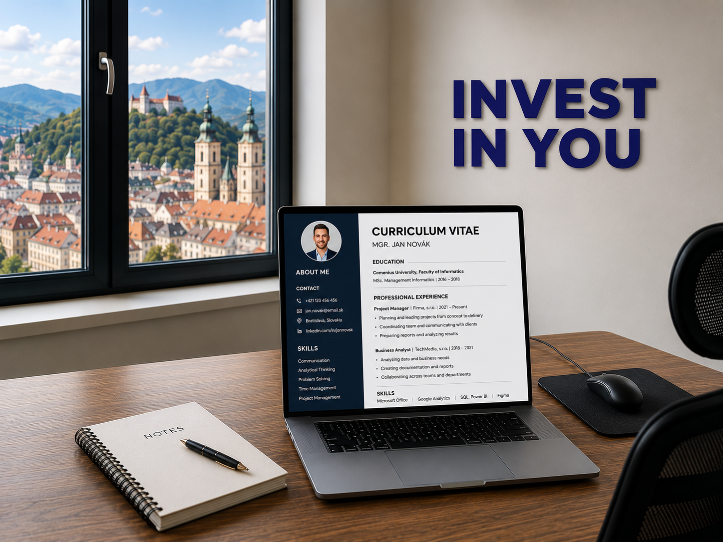 Desk with laptop and CV visuals, invest in yourself