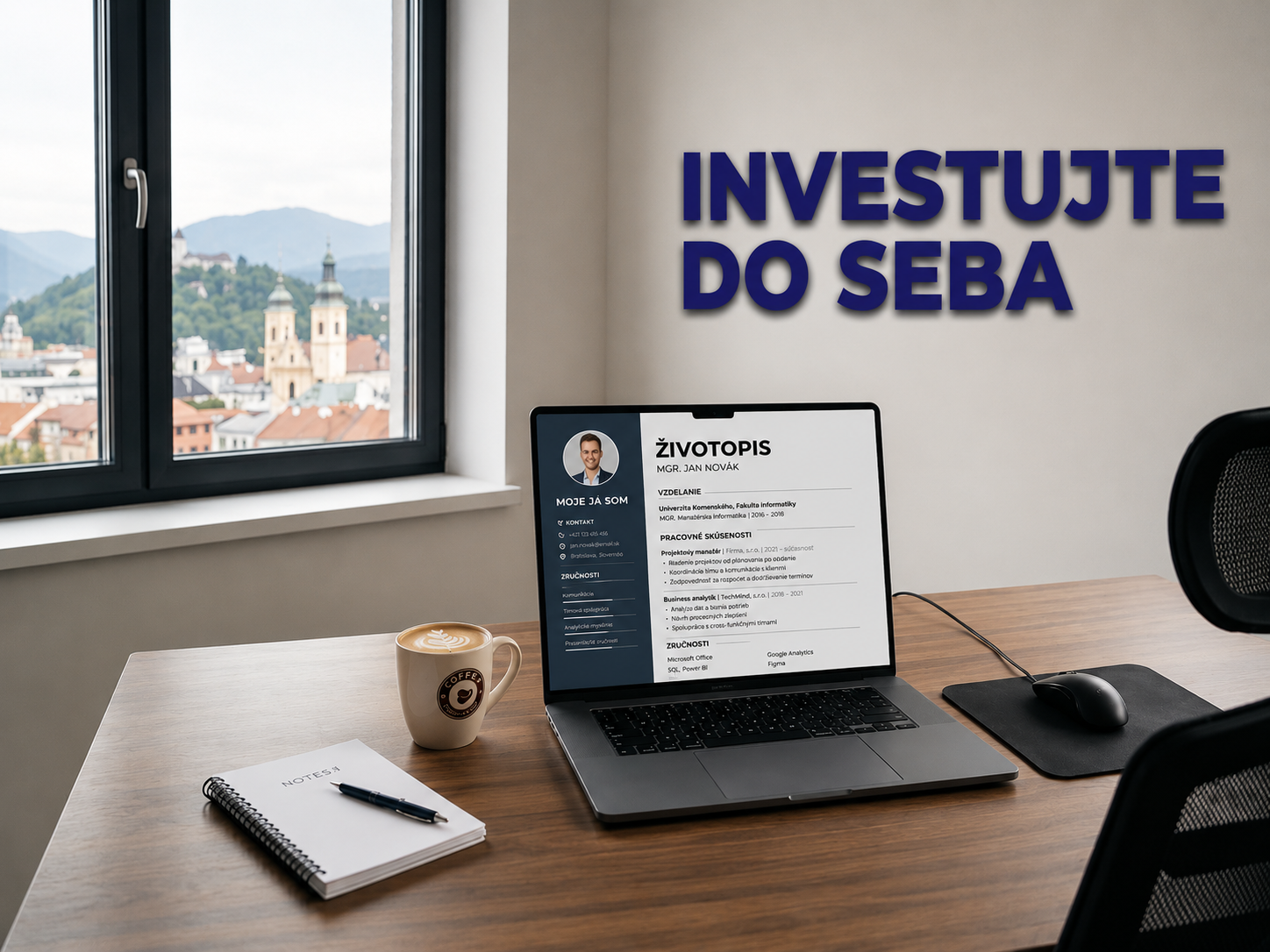 Desk with laptop and CV visuals, invest in yourself